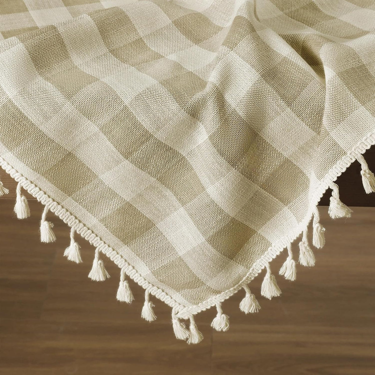 Romanstile Gingham Tassel Tablecloth Rectangle - 60 x 84 Inch, Beige