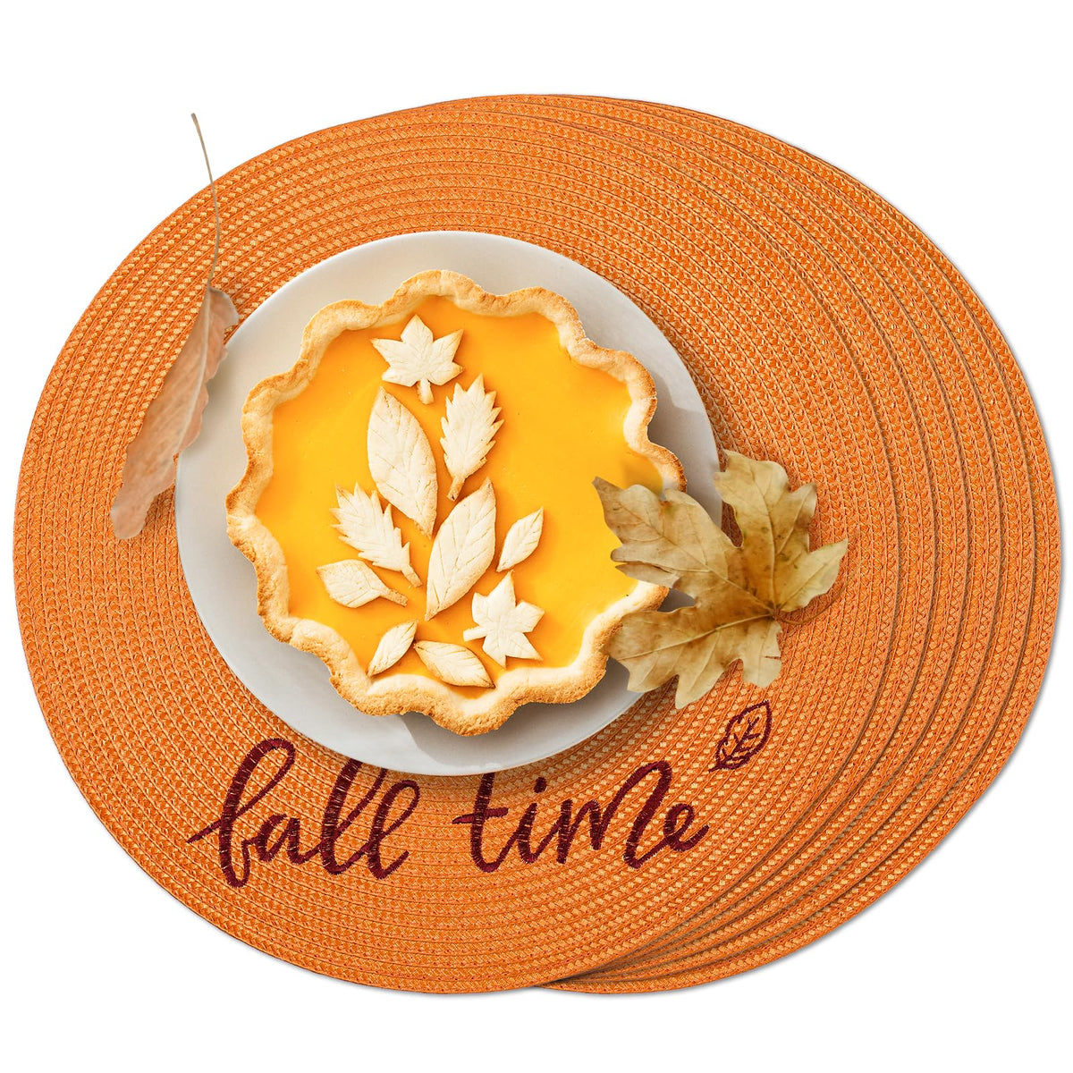 FunWheat Round Braided Placemats Set of 6 Table Mats for Dining Tables Woven Washable Non-Slip Place mats 15 inch(Orange, 6pcs)