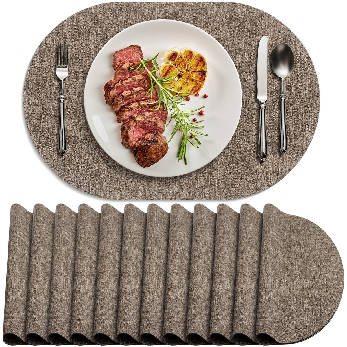 Faux Leather Oval Placemats Set of 4, Beige