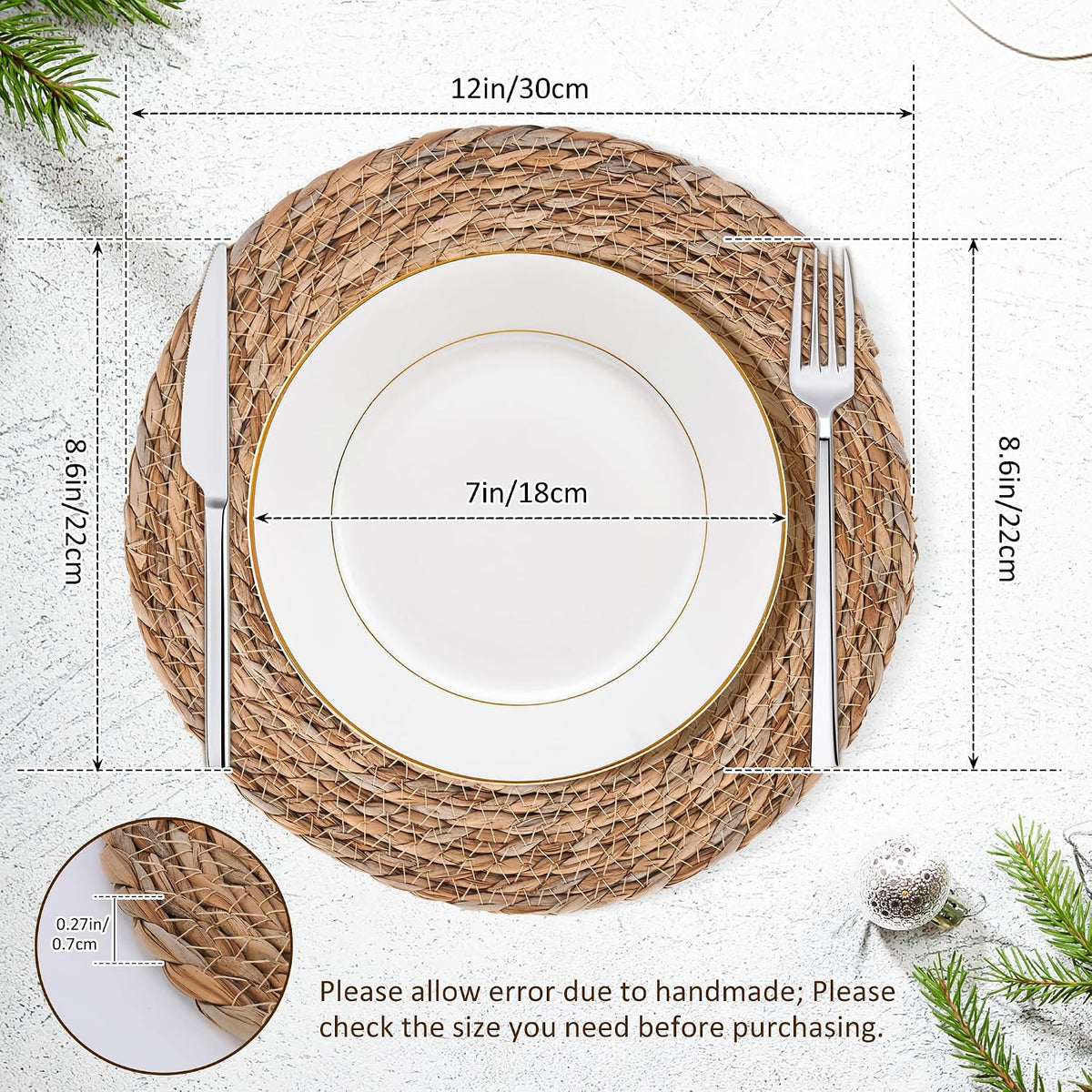 Defined Deco Woven Placemats Set of 10,12" Round Rattan Placemats,Natural Hand-Woven Water Hyacinth Placemats,Farmhouse Weave Place Mats,Rustic Braided Wicker Table Mats for Dining Table,Home,Wedding.