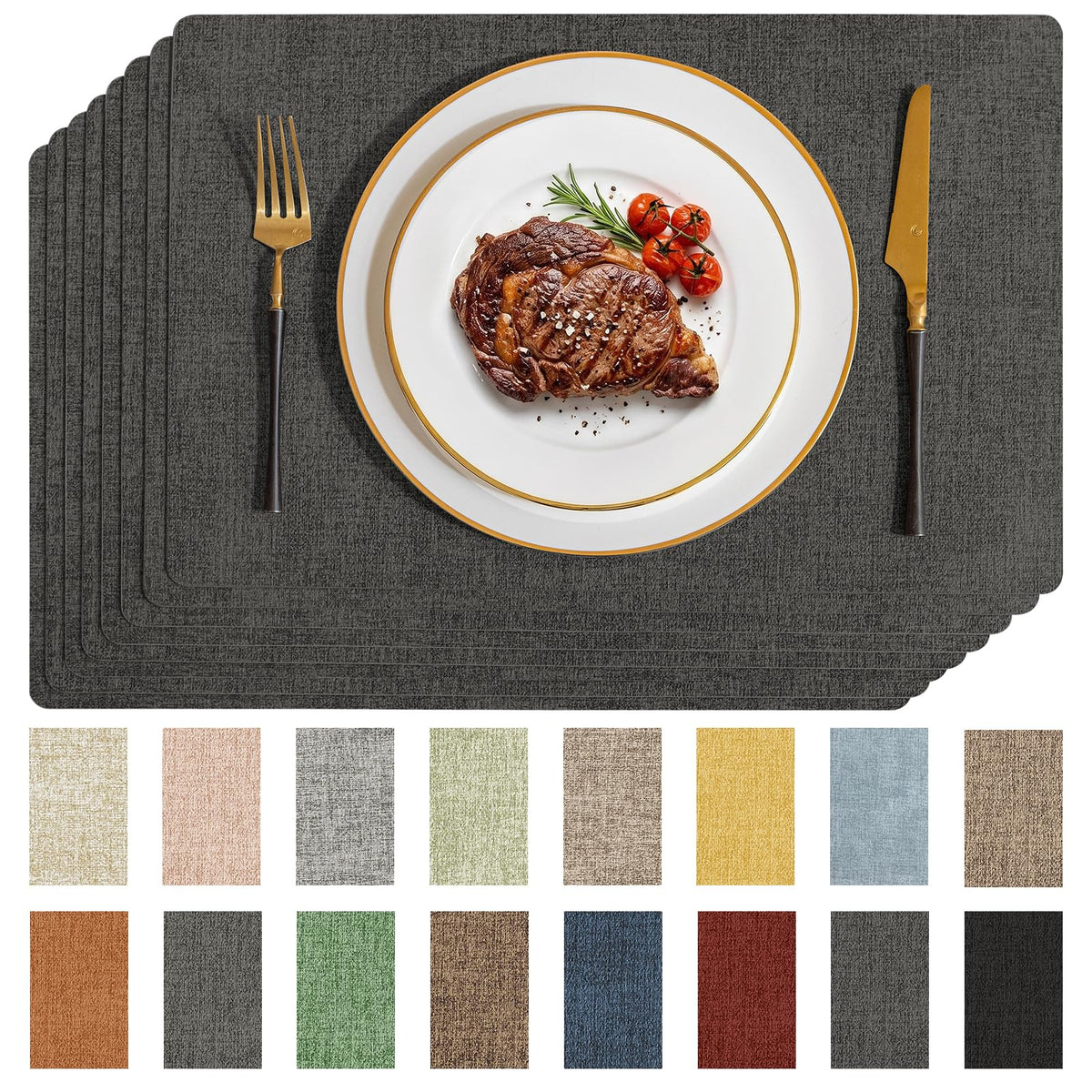 Romanstile Faux Leather Vinyl Placemats Set of 6, Light Grey