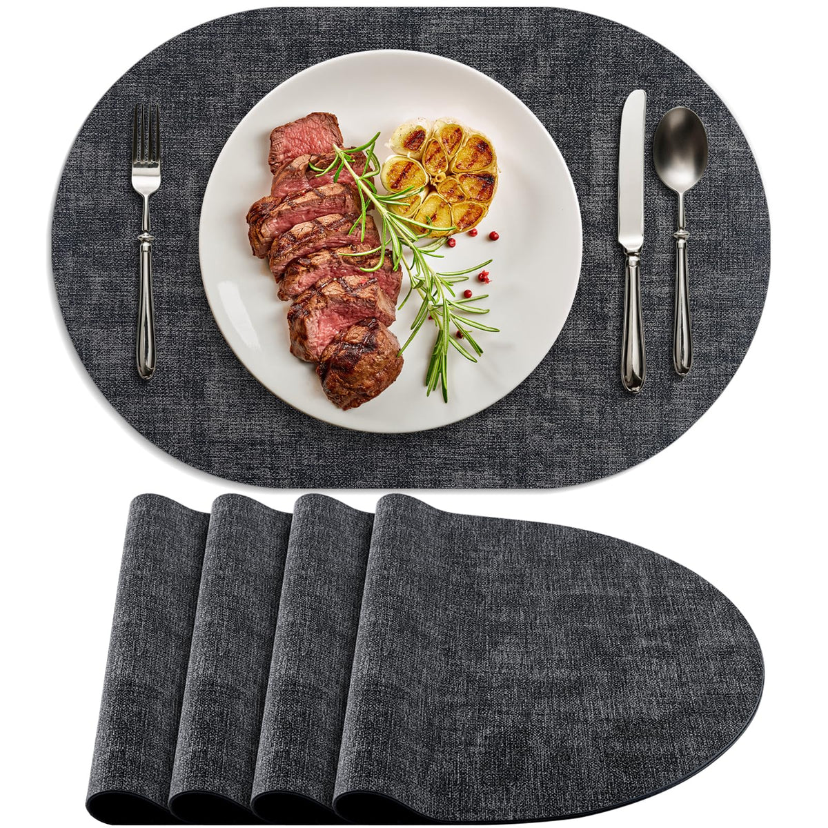 Faux Leather Oval Placemats Set of 6, Beige