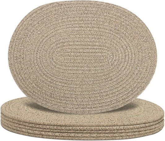 Oval Woven Placemats Set of 6, Boho Cotton Rope Braided Table Mats, 17x13 Inches Non Slip Heat Resistant Place Mats for Dining Room, Thick Hot Pads for Farmhouse Kitchen Table Decor. (Brown)
