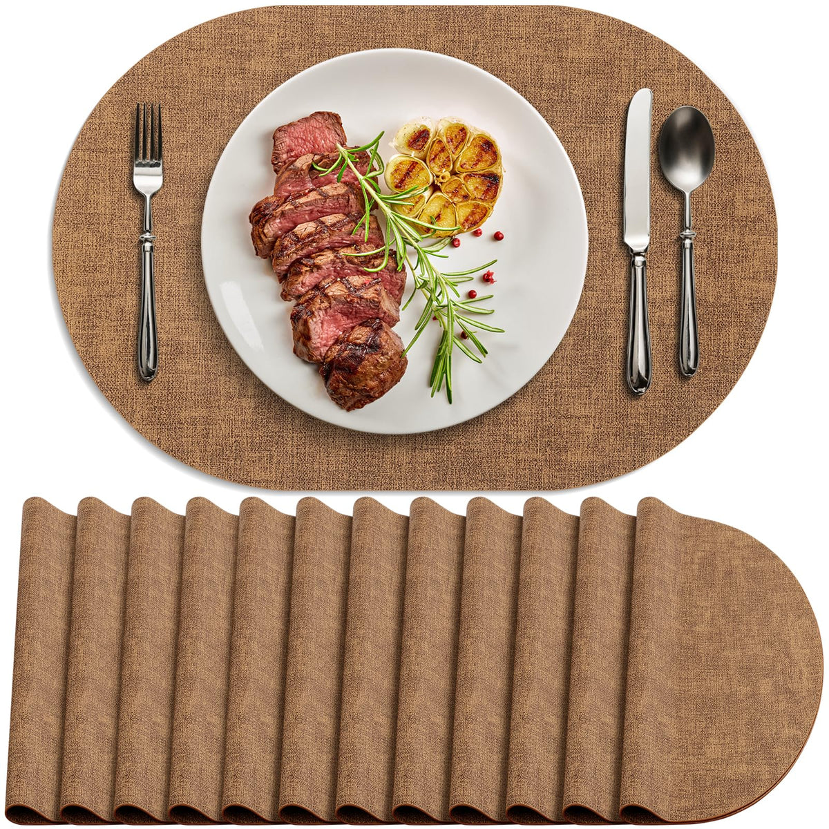 Faux Leather Oval Placemats Set of 8, Beige