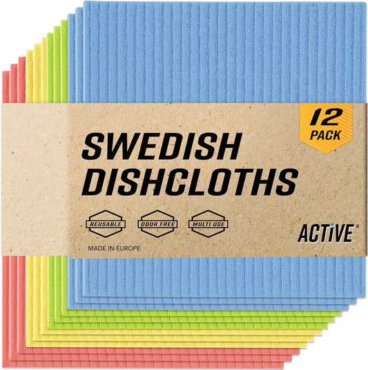 ACTIVE Swedish Dish Cloths for Kitchen 12 Pack Cellulose Sponge Cloth, Washable Dishcloths for Washing Dishes, Original European Dish Towels, Absorbent Reusable Paper Towels - Multicolor Assorted