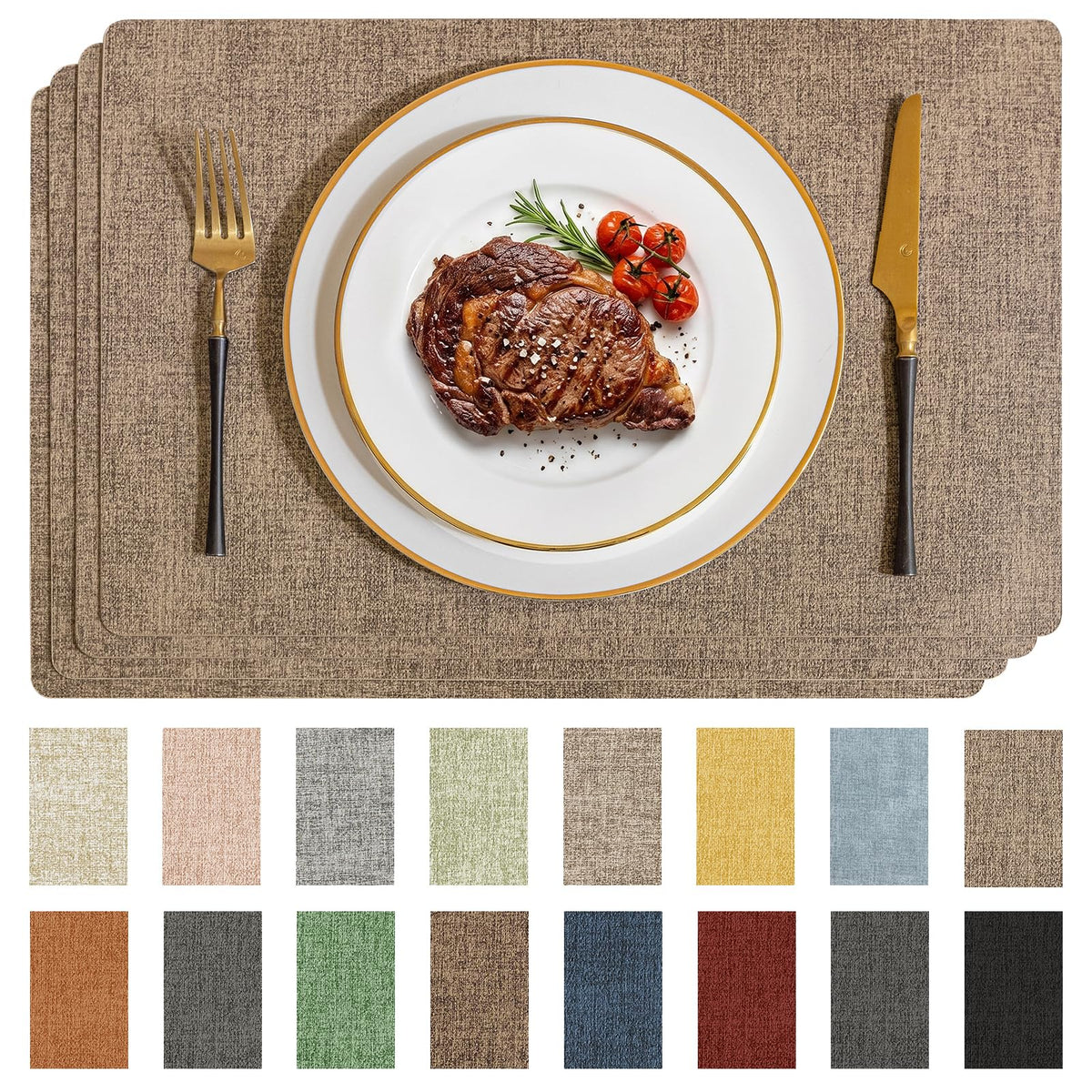Romanstile Faux Leather Vinyl Placemats Set of 6, Light Grey