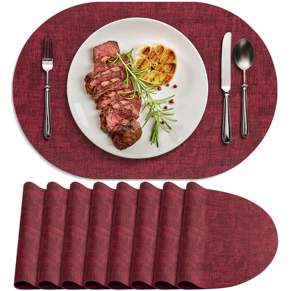 Faux Leather Oval Placemats Set of 8, Beige