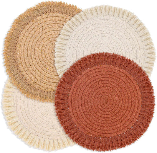 13 Inch Round Cotton Placemat Set of 4 Boho Placemats Table Mats Woven Washable Table Placemats for Fall Kitchen Dining Home Farmhouse Thanksgiving Christmas Decoration Heat Resistant Place Mat