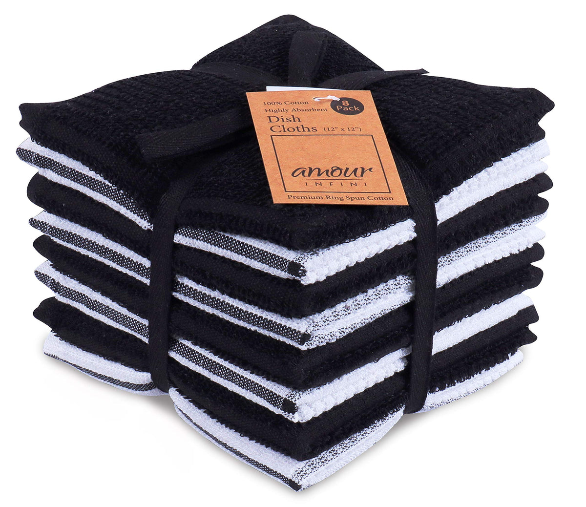AMOUR INFINI Cotton Kitchen Dish Cloths Set of 8 – Highly Absorbent, Super Soft Premium Terry Cleaning Cloth (12"x12" Inch) Premium Dishcloths for Washing Dishes (Dark Grey)