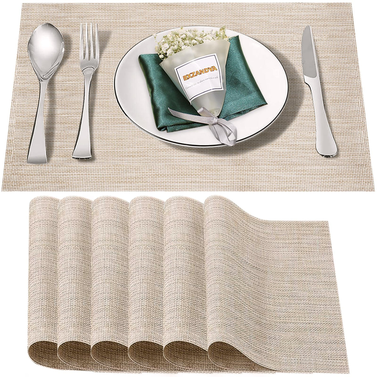 Beige Vinyl Placemats Set of 8,Washable Dining PVC Table Mats