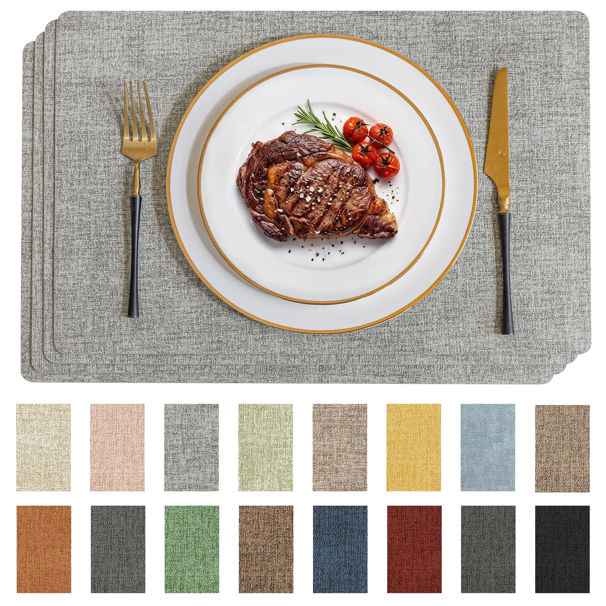 Romanstile Faux Leather Vinyl Placemats Set of 6, Light Grey