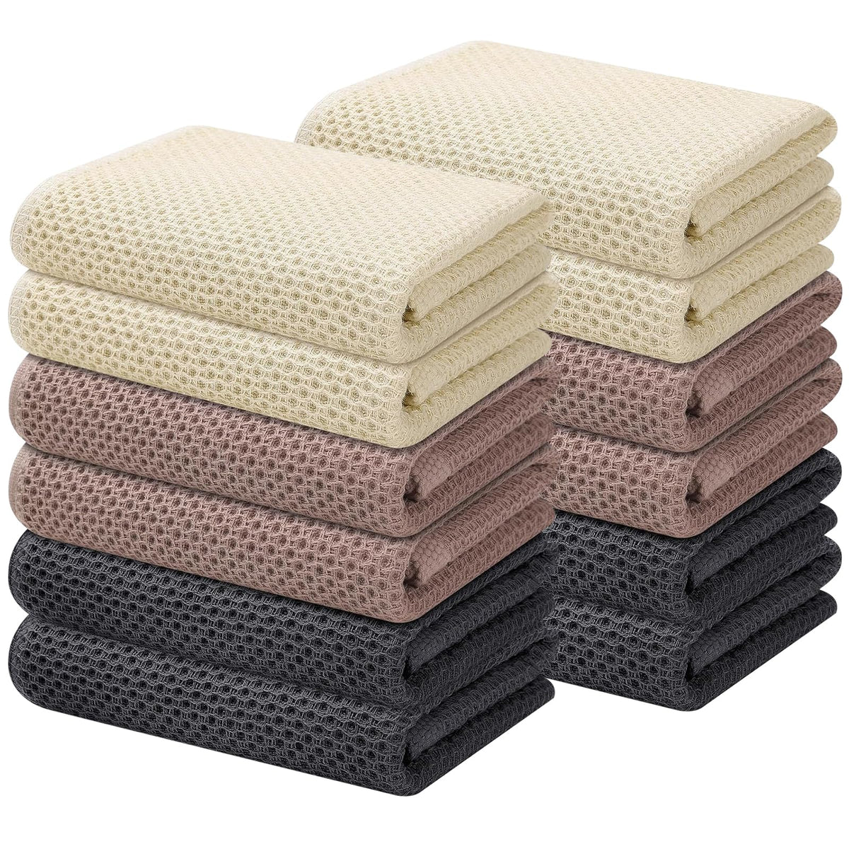 Kitinjoy 100% Cotton Waffle 6-Pack Kitchen Towels, 12" x 12", Dark Grey