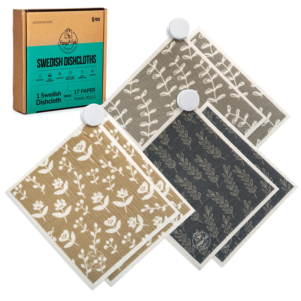 Harps&Seb Swedish Dishcloths for Kitchen Dish Towels - 5 Pack, Non-Scratch Reusable Paper Towels, Super Absorbent Washable Swedish Dish Cloths, No Odor, Biodegradable, Fruit Design