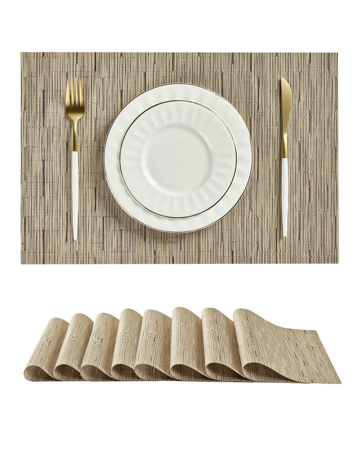 Beige Placemats Set of 8 - Heat-Resistant, Non-Slip Table Mats, Washable Woven Vinyl for Indoor & Outdoor Dining