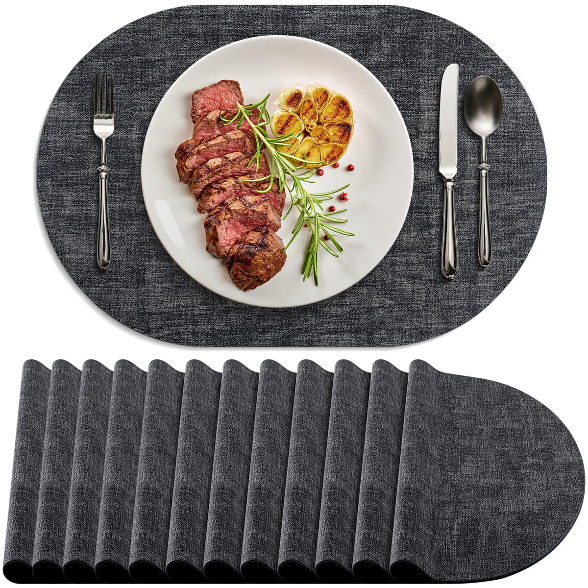 Faux Leather Oval Placemats Set of 6, Beige