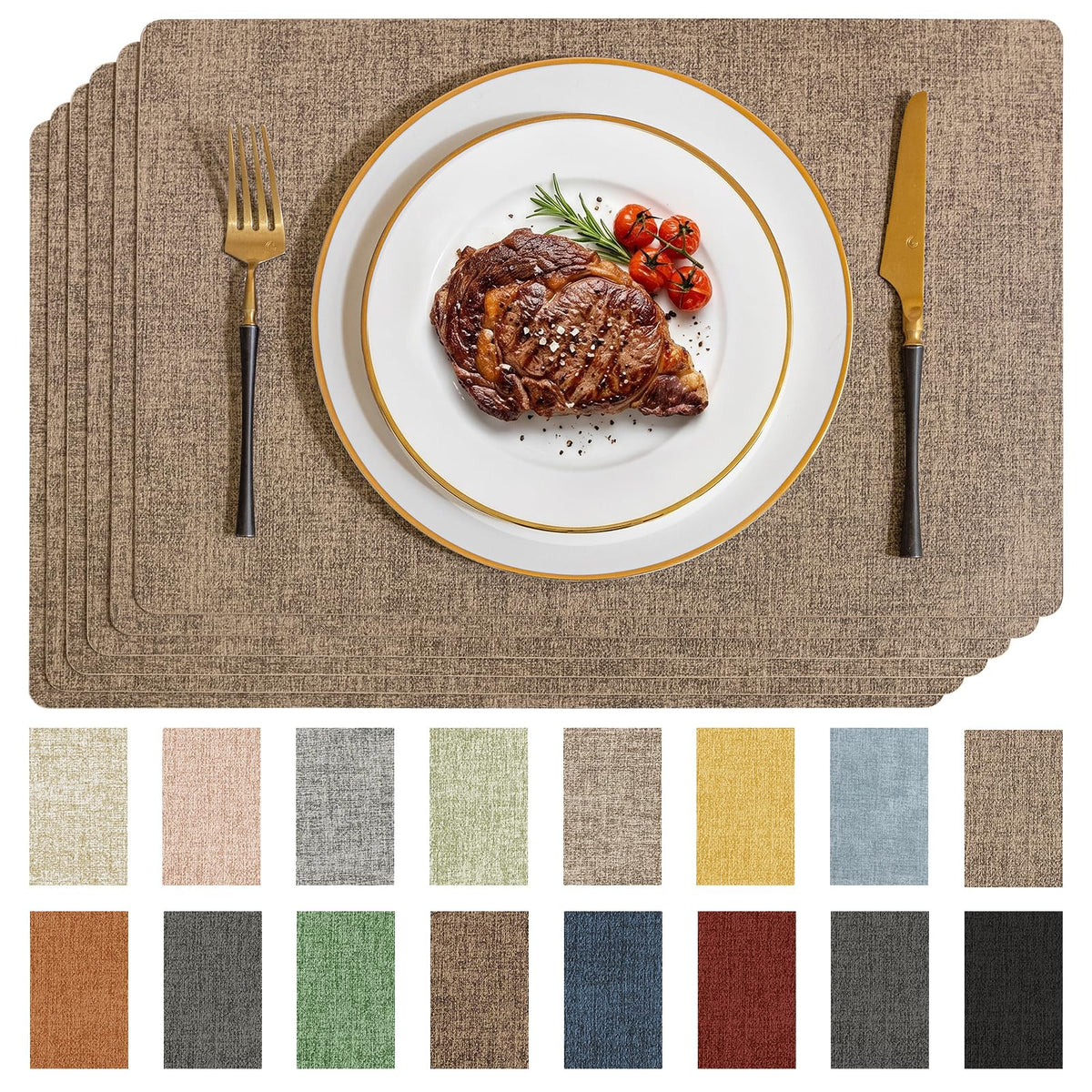 Romanstile Faux Leather Vinyl Placemats Set of 6, Light Grey
