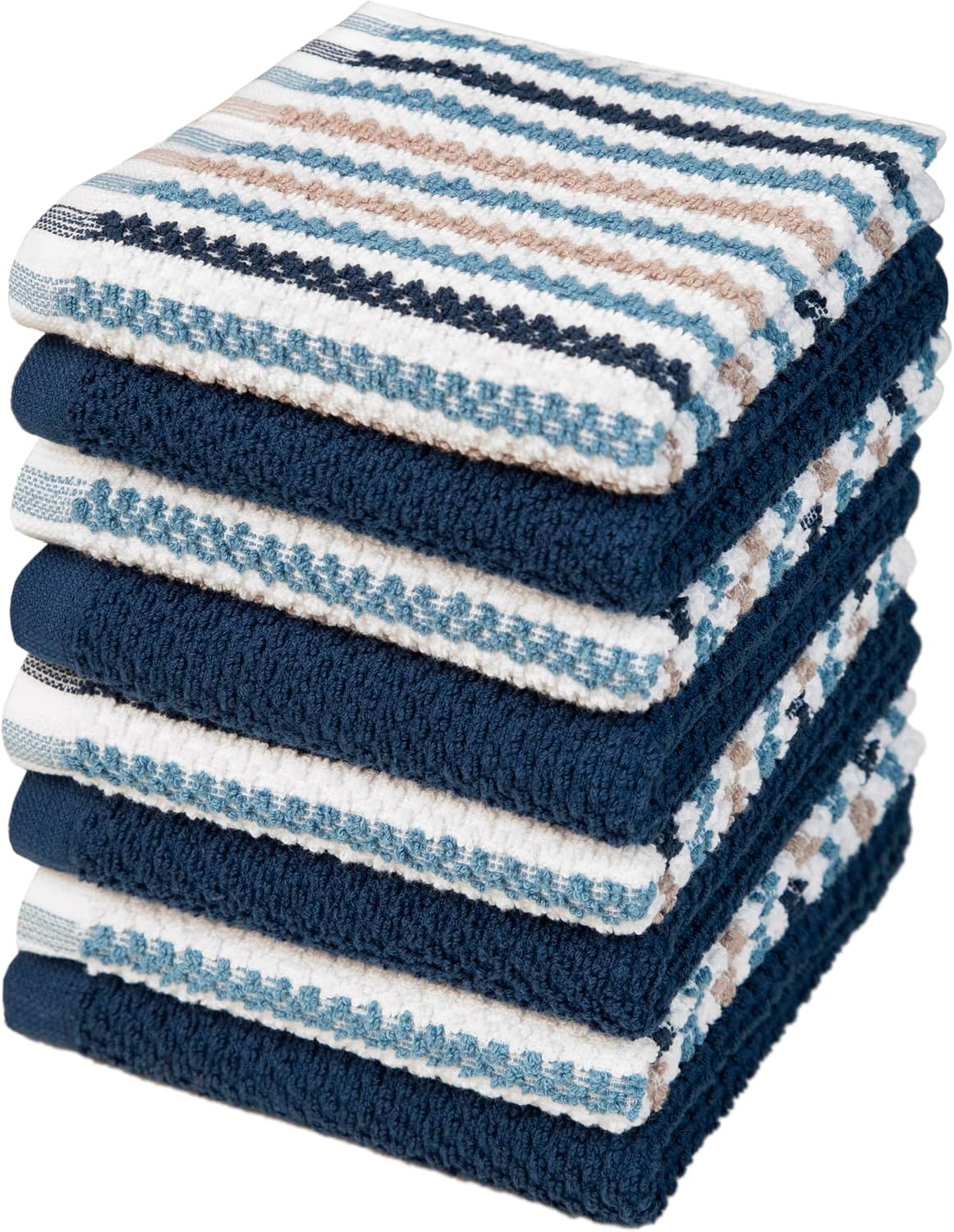 Bumble Dish Cloths 8-Pack, Cotton Kitchen Towels, 12"x12" Blue Wide Stripes