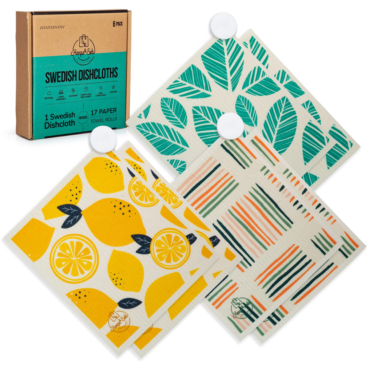 Harps&Seb Swedish Dishcloths for Kitchen Dish Towels - 5 Pack, Non-Scratch Reusable Paper Towels, Super Absorbent Washable Swedish Dish Cloths, No Odor, Biodegradable, Fruit Design