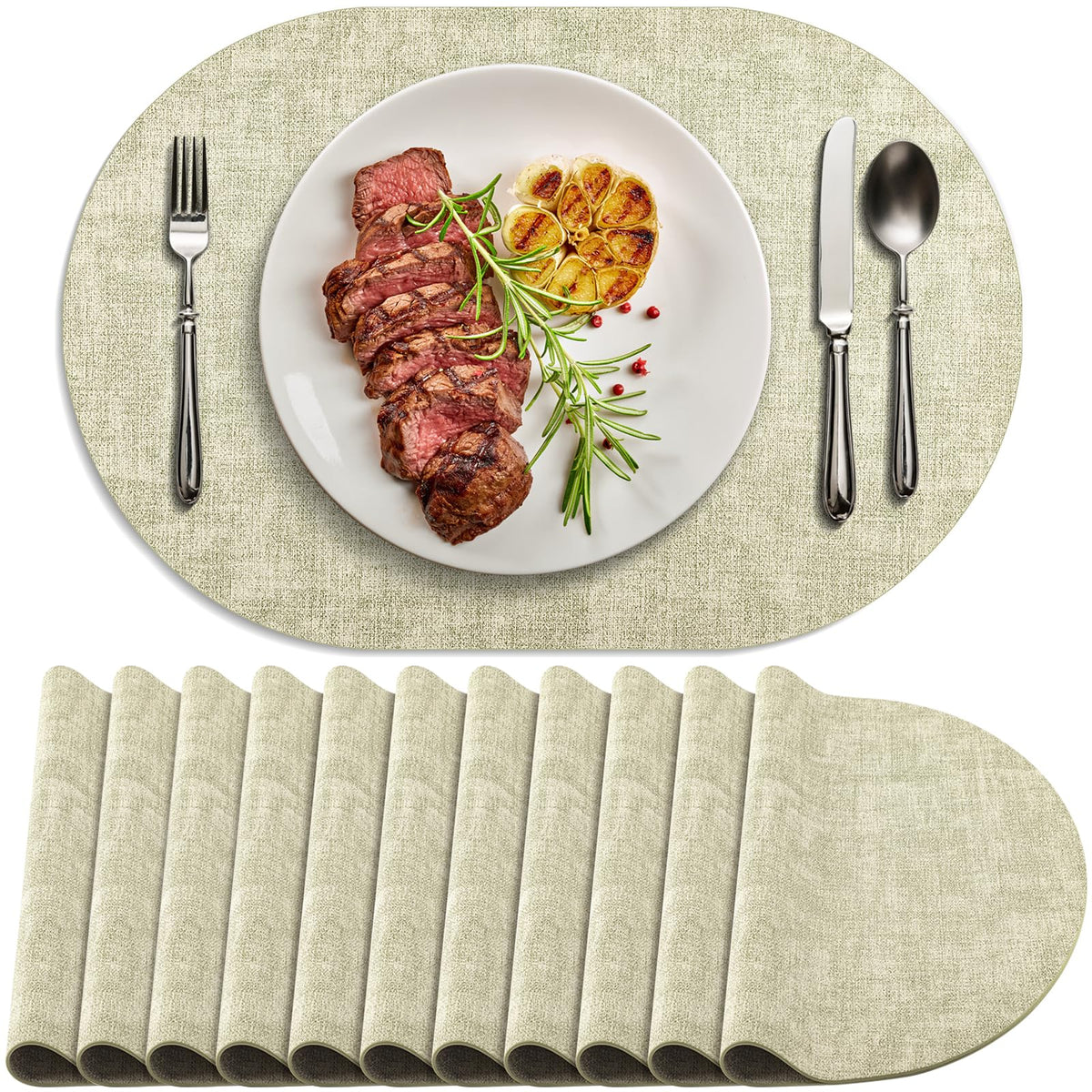 Faux Leather Oval Placemats Set of 4, Beige