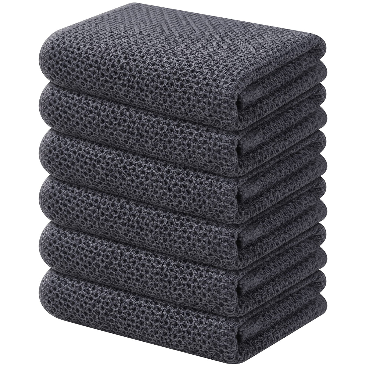 Kitinjoy 100% Cotton Waffle 6-Pack Kitchen Towels, 12" x 12", Dark Grey