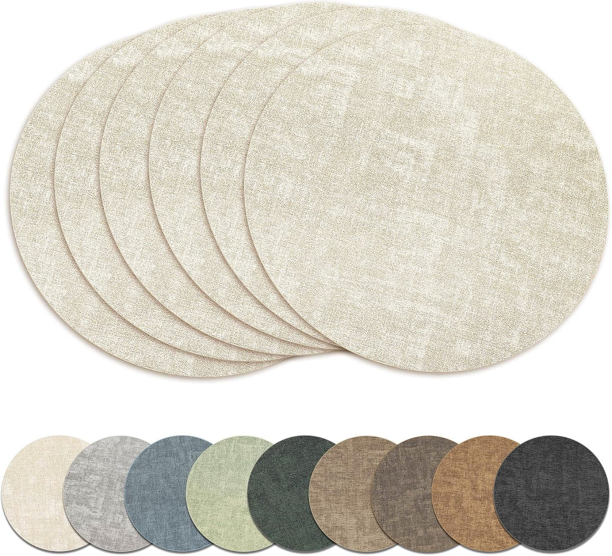 13" Round Placemats Set of 6, Reversible Faux Leather Wipeable Table Mats