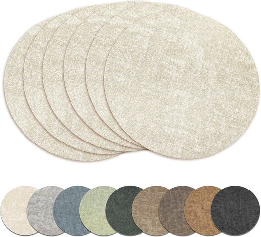 13" Round Placemats Set of 6, Reversible Faux Leather Wipeable Table Mats