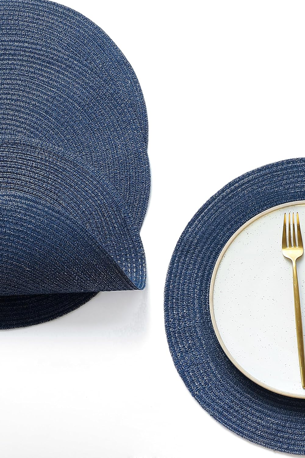 Floroom 15 Inch Round Braided Placemats Set of 4, Washable Heat Resistant Cotton Polyester Circle Place Mats for Kitchen Dining Table - Navy Blue
