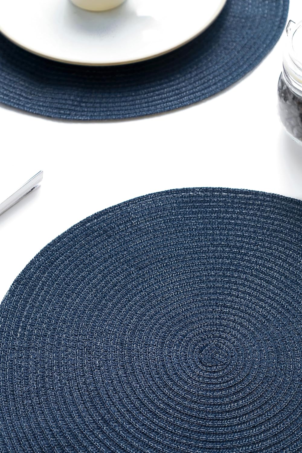 Floroom 15 Inch Round Braided Placemats Set of 4, Washable Heat Resistant Cotton Polyester Circle Place Mats for Kitchen Dining Table - Navy Blue