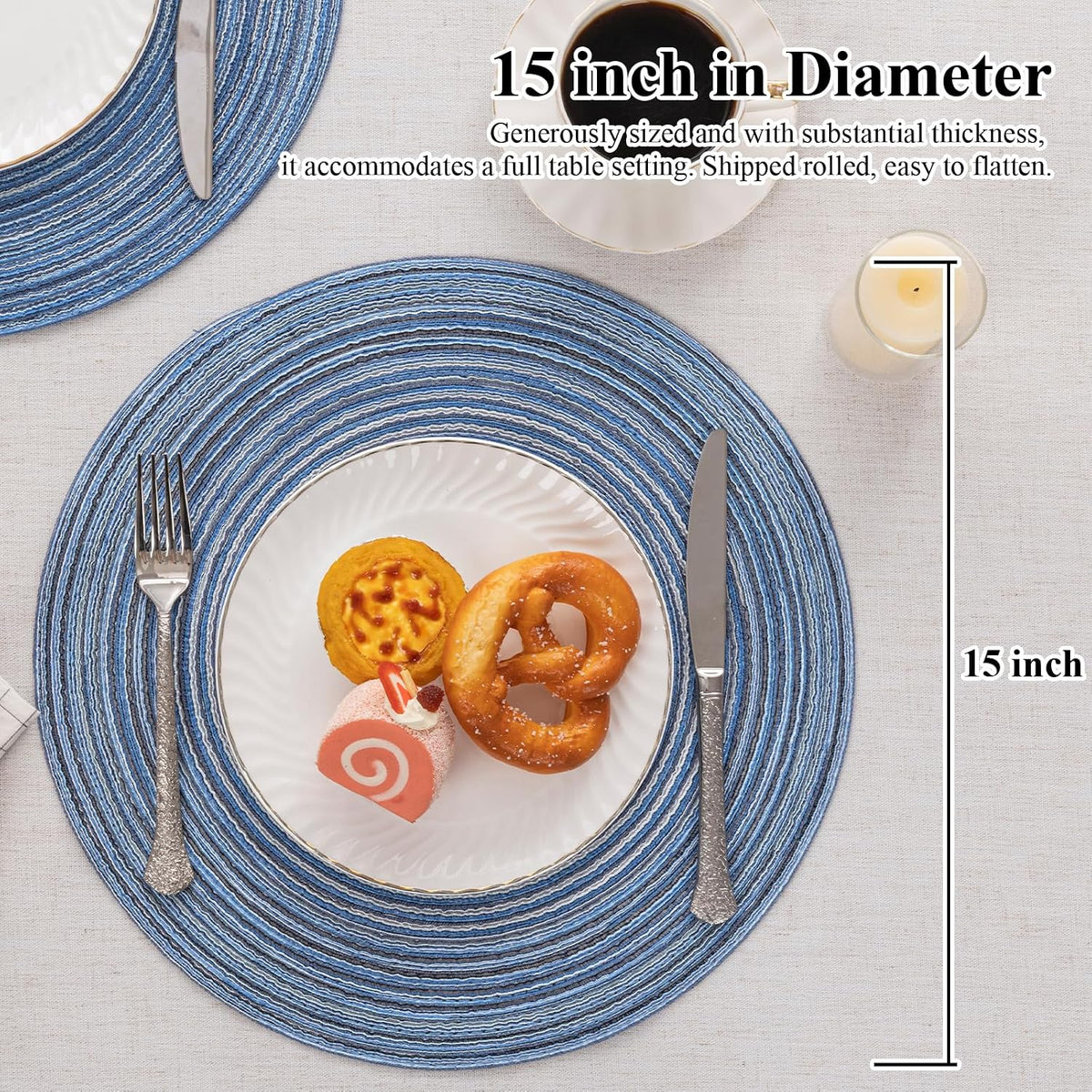 SHACOS Round Braided Placemats Set of 4 Dining Table Placemats 15 inch Circle Place Mats Easy to Clean Table Mats Indoor Outdoor, Blue Gray