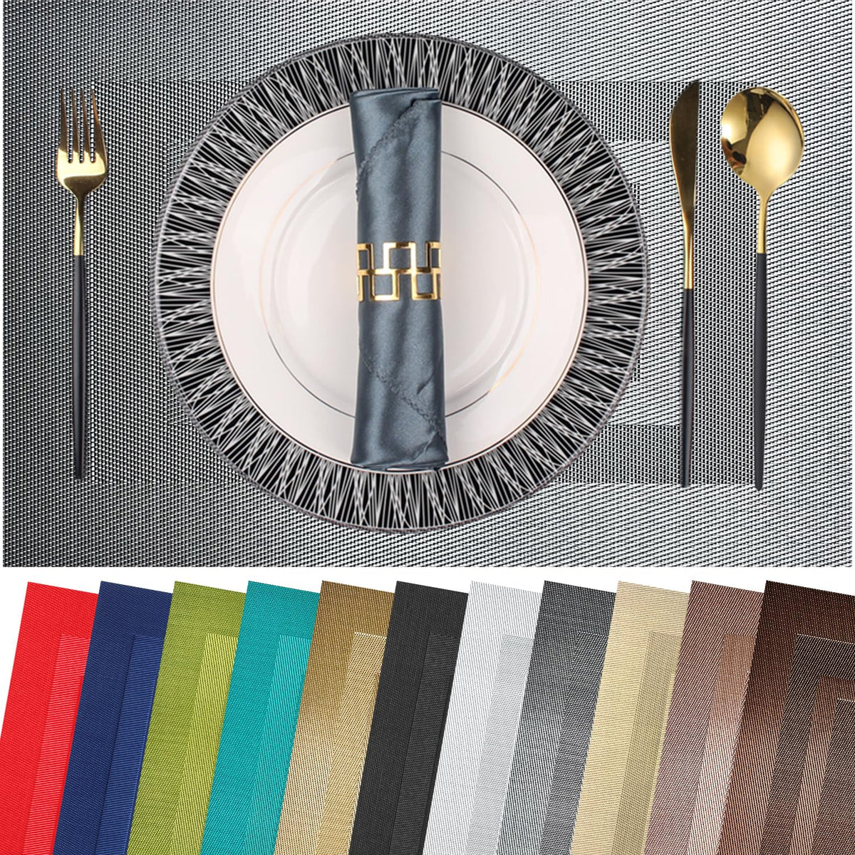 PIGCHCY Placemats,Washable Vinyl Woven Table Mats,Elegant Durable Placemats for Dining Table Set of 4 (18 x 12 inches, Pure Black)