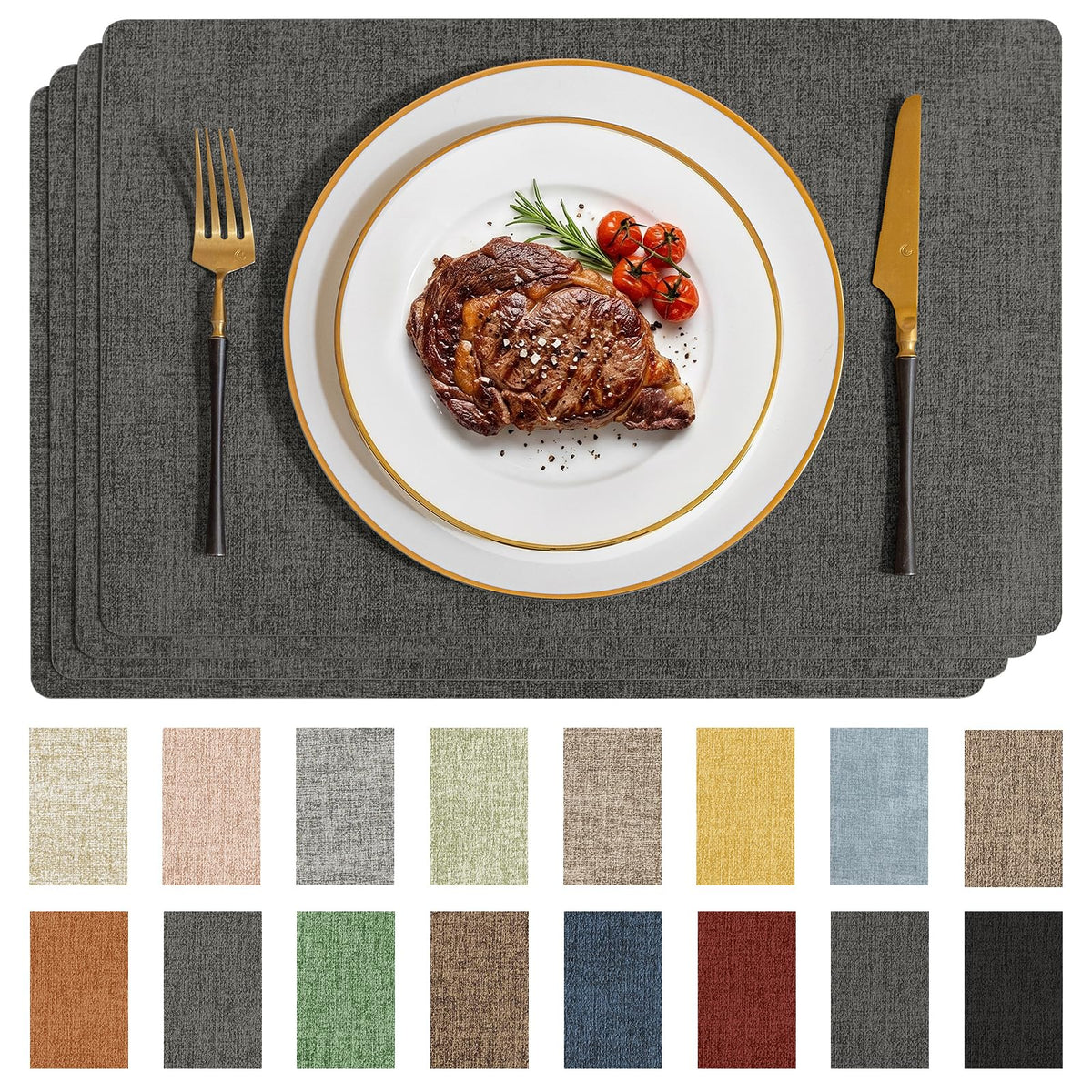 Romanstile Faux Leather Vinyl Placemats Set of 6, Light Grey