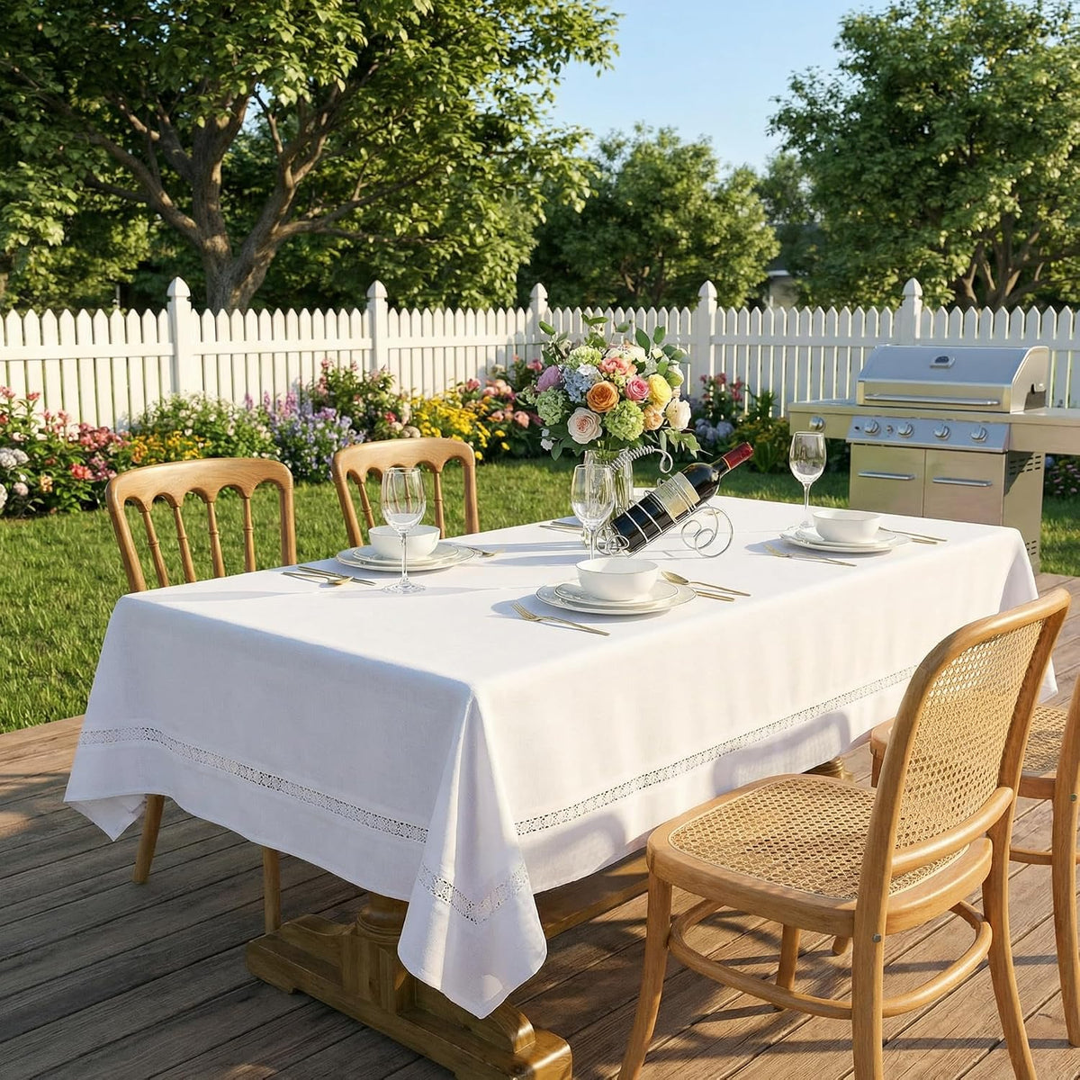 EHouseHome Heavy Duty Fabric Tablecloth with White Lace-Waterproof/Wrinkle Free/Stain Resistant/Oil Proof-for Dining,Indoor&Outdoor,Wedding,Holiday,White,Rectangle 60x120Inch