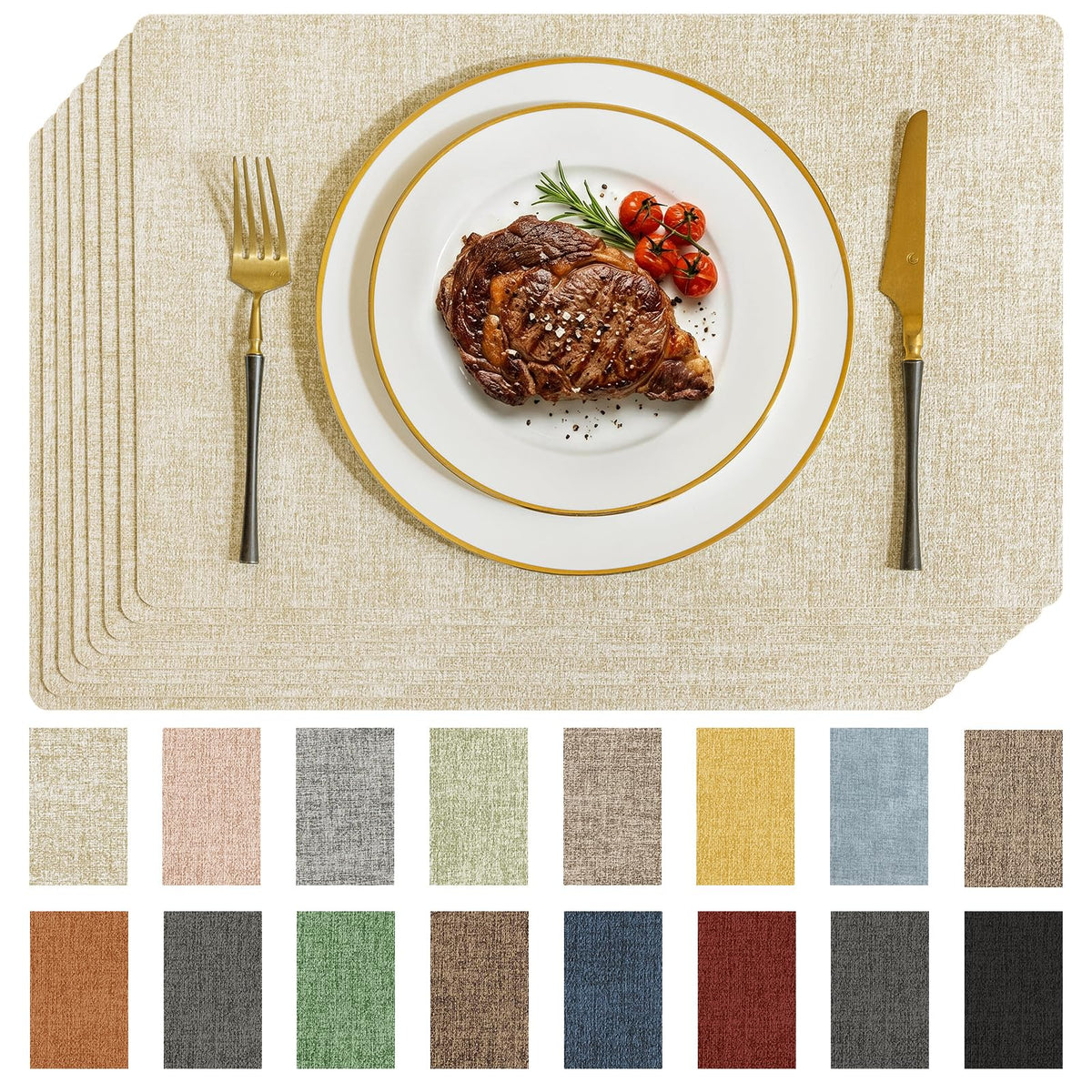 Romanstile Faux Leather Vinyl Placemats Set of 6, Light Grey