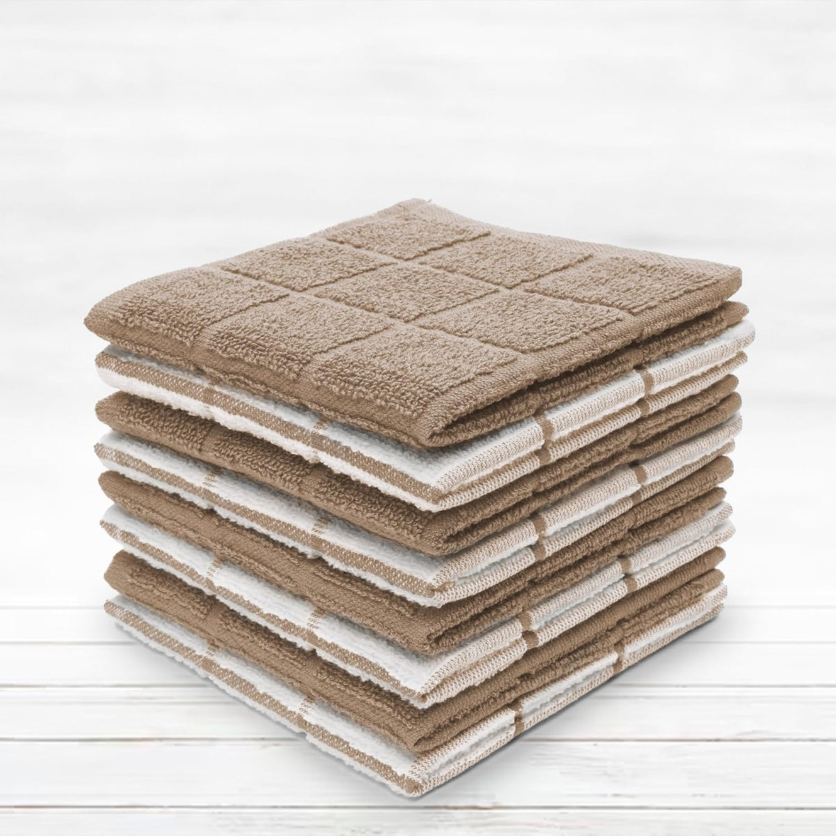 100% Cotton Terry Dish Cloth & Dish Towel, 8 Pack, Super Soft and Absorbent Kitchen Towels, Perfect for Kitchen Cleaning and Dish Washing (TAN (Solid and Checks) 8 Pack)