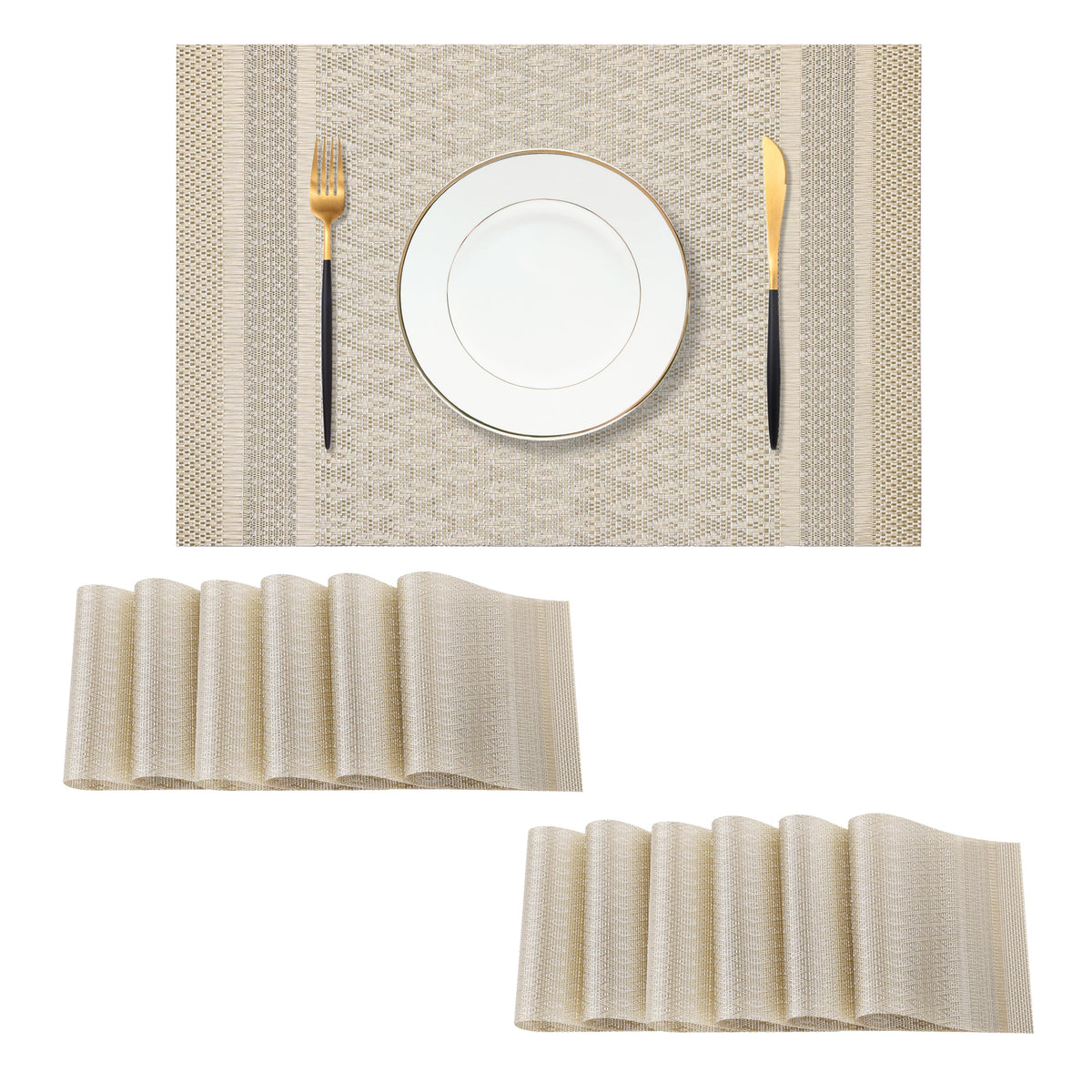 Beige Placemats Set of 8 - Heat-Resistant, Non-Slip Table Mats, Washable Woven Vinyl for Indoor & Outdoor Dining