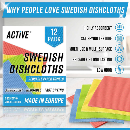 ACTIVE Swedish Dish Cloths for Kitchen 12 Pack Cellulose Sponge Cloth, Washable Dishcloths for Washing Dishes, Original European Dish Towels, Absorbent Reusable Paper Towels - Multicolor Assorted