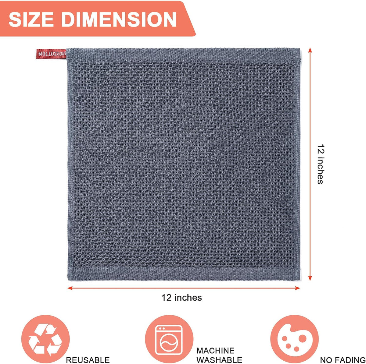 Kitchen Towels 6-Pack Kitchen Dish Cloths,100% Cotton,12x12 In,Dark Grey