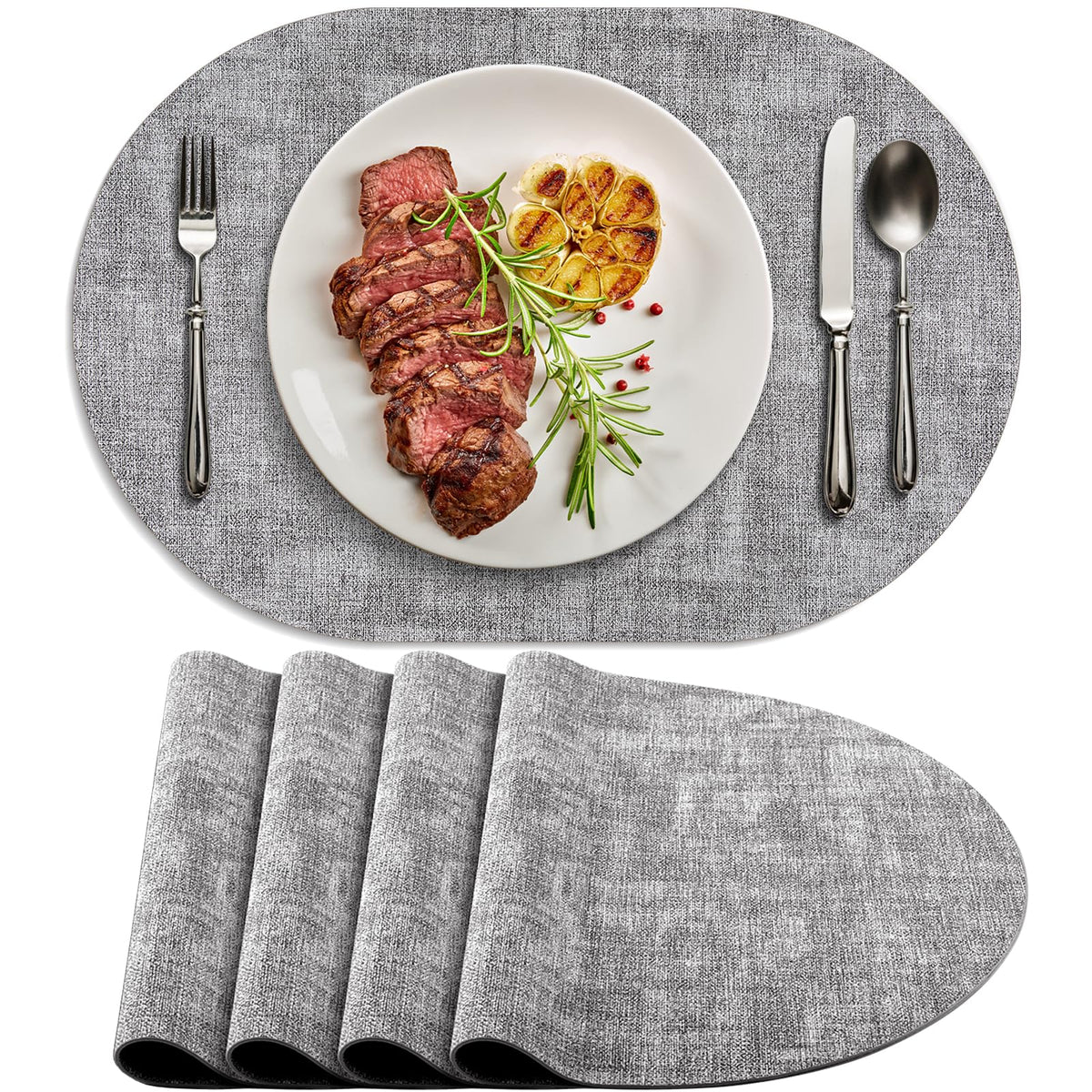 Faux Leather Oval Placemats Set of 4, Beige