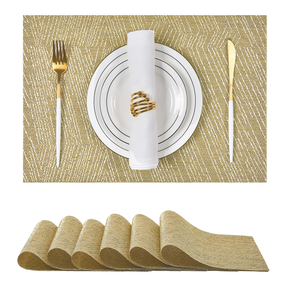Beige Placemats Set of 4 - Heat-Resistant, Non-Slip Table Mats, Washable Woven Vinyl for Indoor & Outdoor Dining