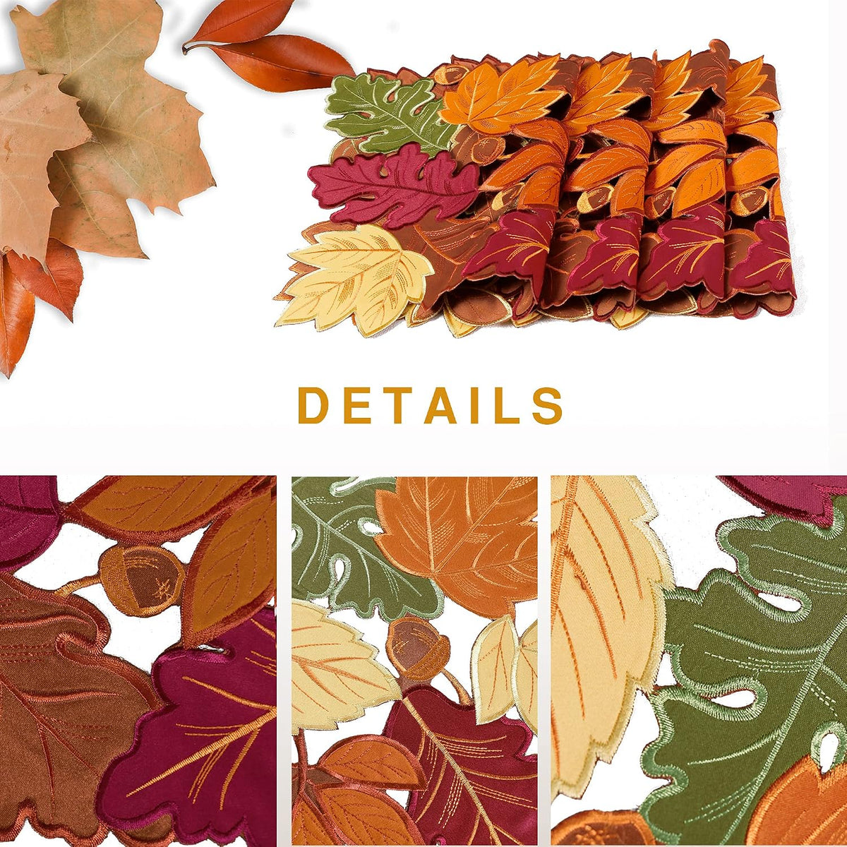 OWENIE 4 PCS Thanksgiving Placemats for Dining Table, 13 x 19 Inch Set of 4 Embroidered Maple Leaves Table mats for Fall, Harvest Applique Leaf for Autumn Decorations