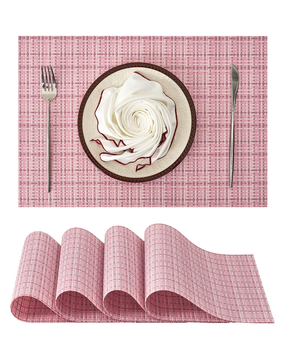 Beige Placemats Set of 8 - Heat-Resistant, Non-Slip Table Mats, Washable Woven Vinyl for Indoor & Outdoor Dining