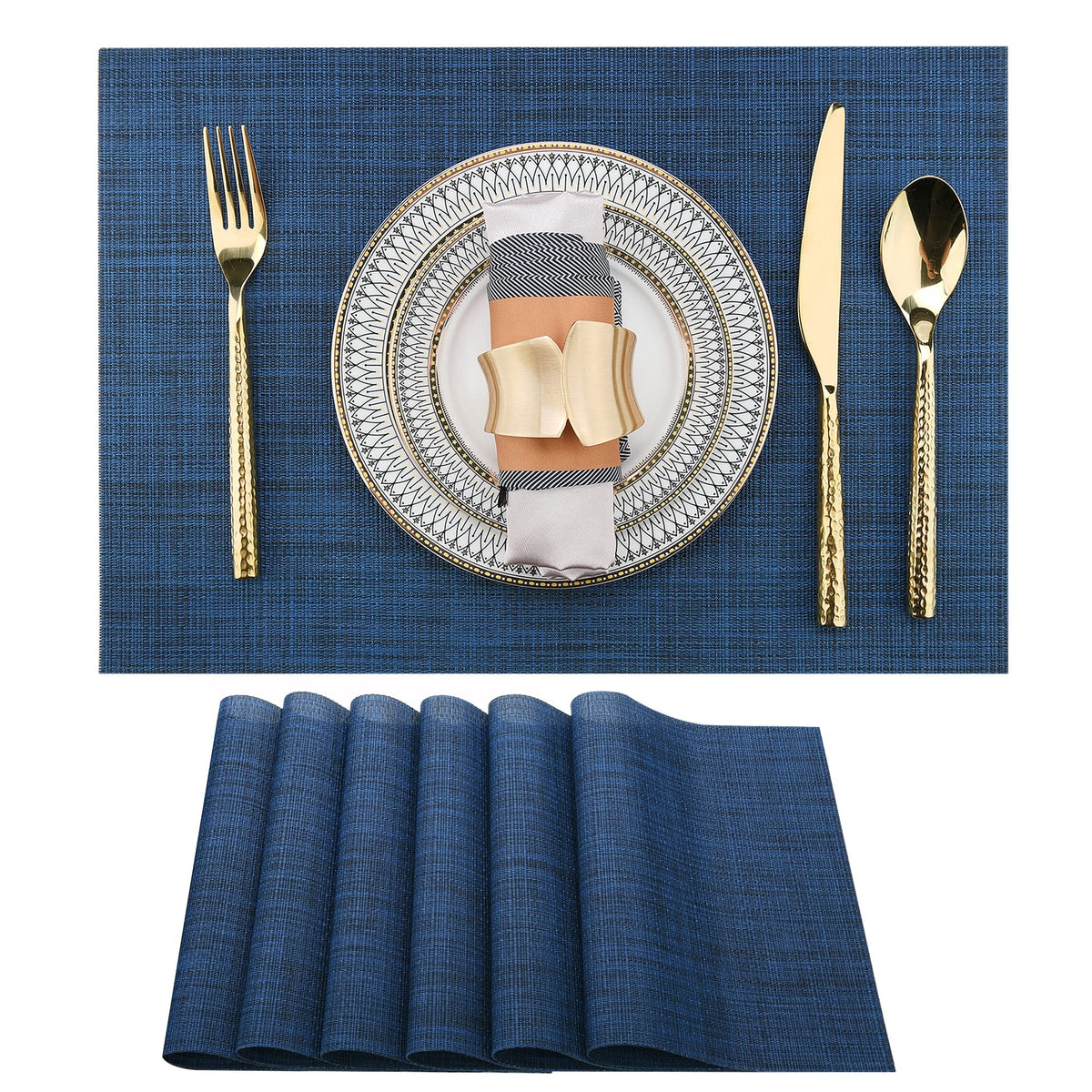 SLKQG Navy Blue Placemats Set of 4 - Easy Clean Washable Vinyl Placemats - Wipeable Heat Resistant Table Mats for Dining Table - 17x12 Inch (Navy Blue, 4)
