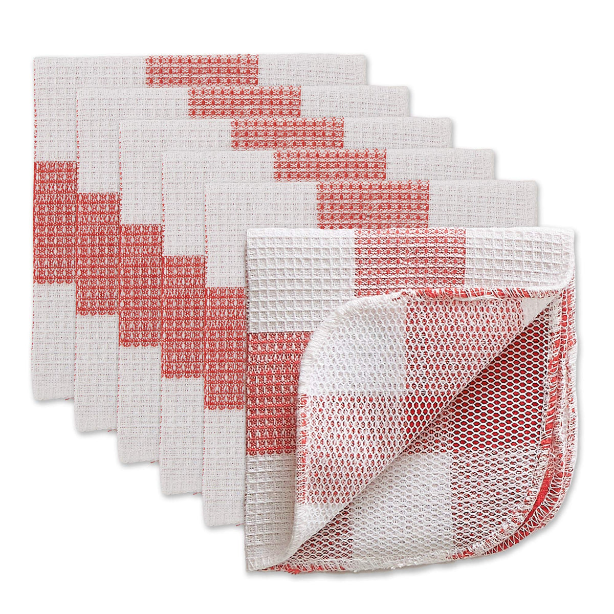 DII Scrubber Dishcloths Collection Windowpane Dishrag Set, 12x12, White/Red Stripe, 6 Piece