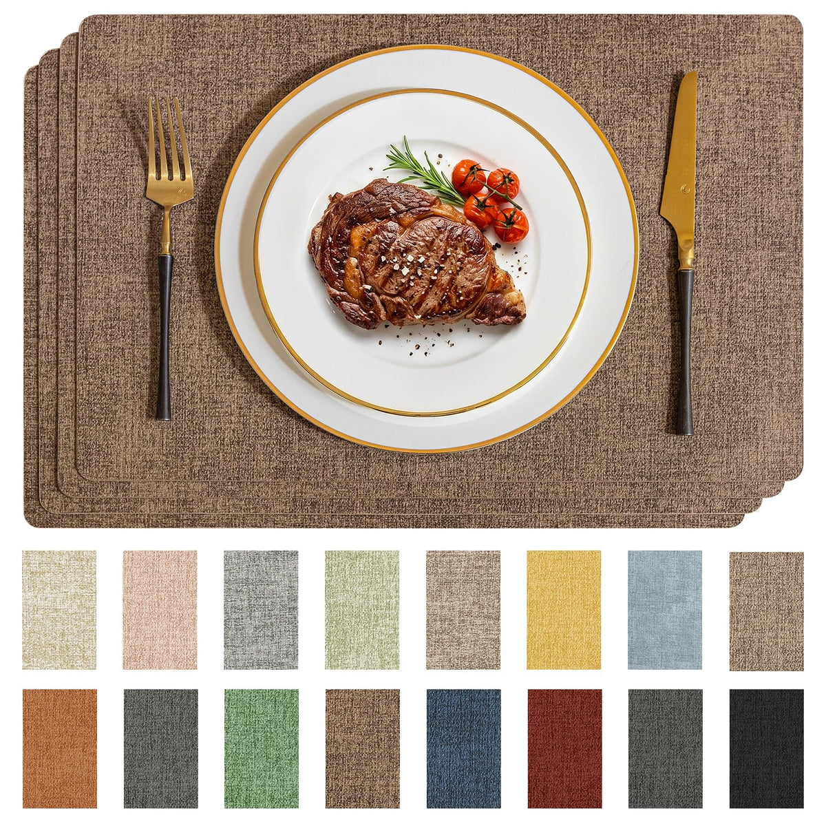 Romanstile Faux Leather Vinyl Placemats Set of 6, Light Grey