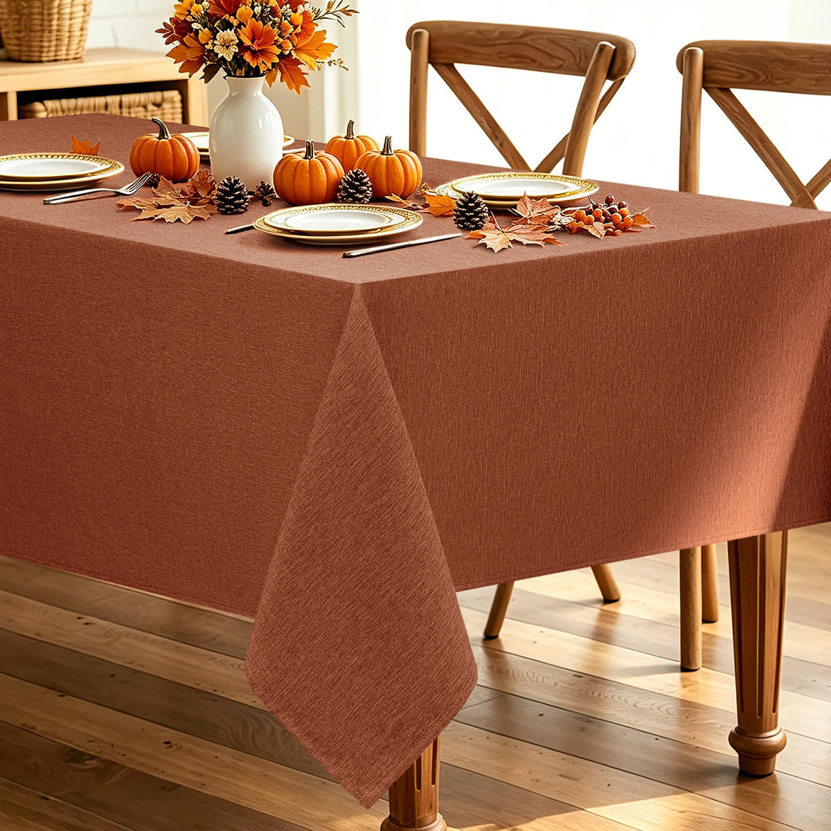 Decorelia Linen Textured Fall Tablecloth Rectangular Burnt Orange, 52"x70"