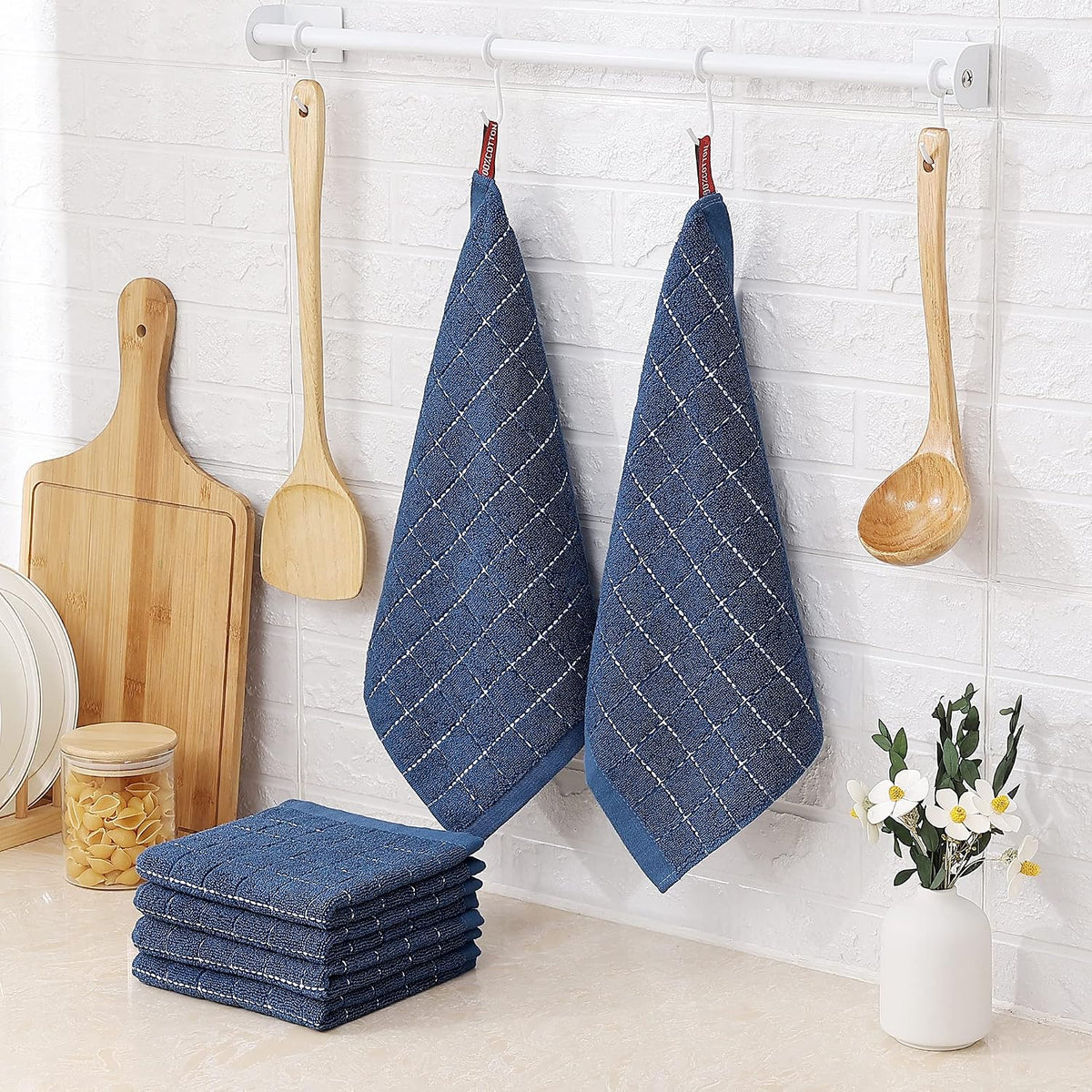 Homaxy 100% Cotton Terry Kitchen Dish Cloths, 6 Pack, Navy Blue