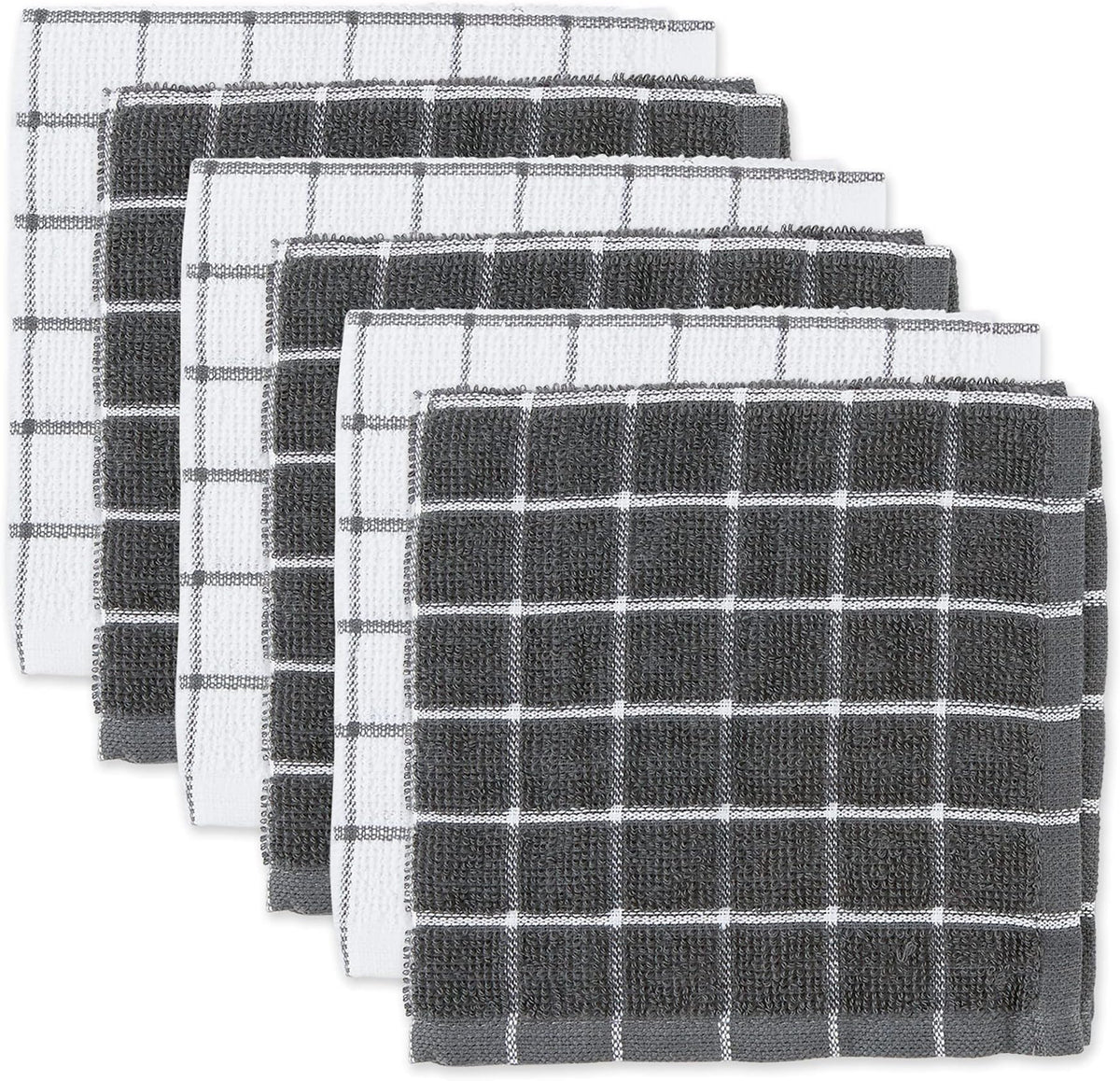DII Basic Terry Collection Windowpane Dishcloth Set, 12x12, Gray, 6 Piece