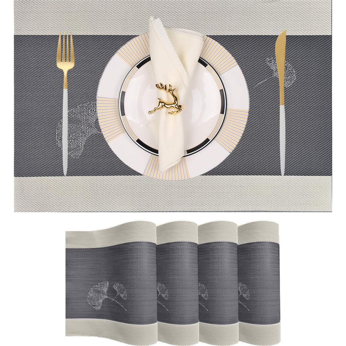 PIGCHCY Placemats,Washable Vinyl Woven Table Mats,Elegant Durable Placemats for Dining Table Set of 4 (18 x 12 inches, Pure Black)
