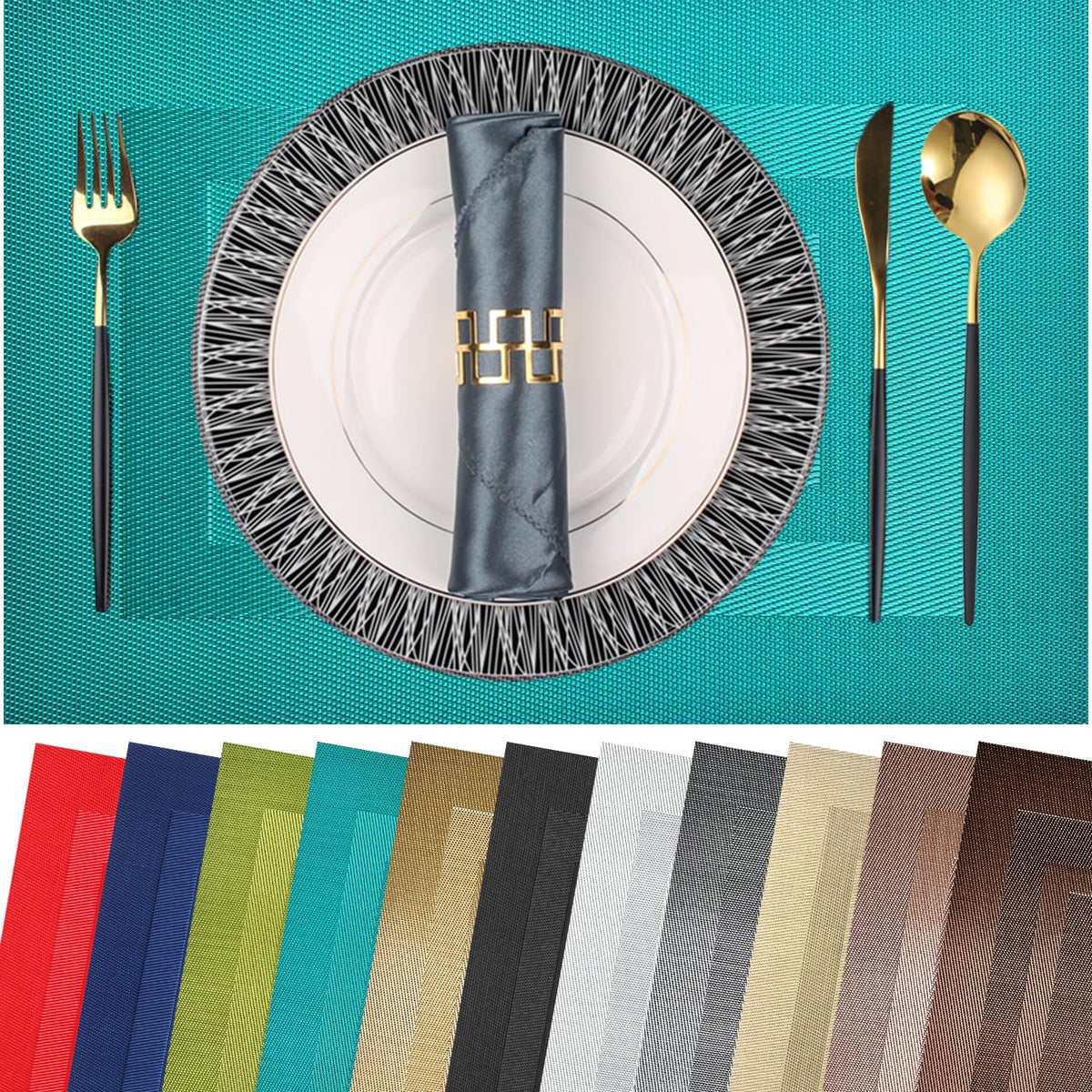 PIGCHCY Placemats,Washable Vinyl Woven Table Mats,Elegant Durable Placemats for Dining Table Set of 4 (18 x 12 inches, Pure Black)