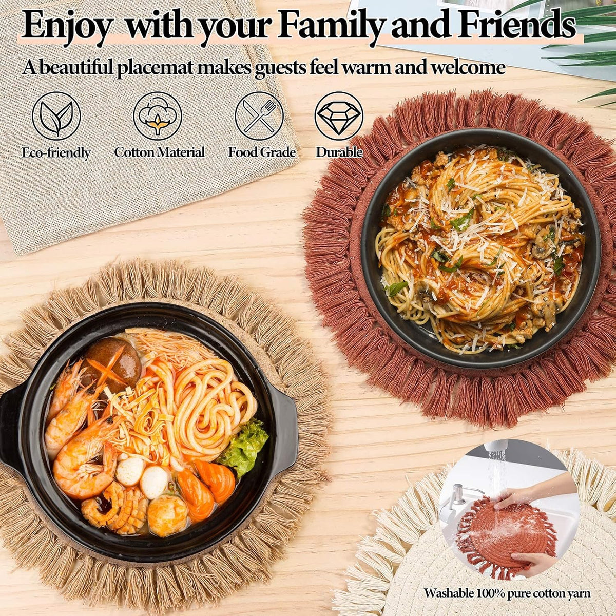 13 Inch Round Cotton Placemat Set of 4 Boho Placemats Table Mats Woven Washable Table Placemats for Fall Kitchen Dining Home Farmhouse Thanksgiving Christmas Decoration Heat Resistant Place Mat